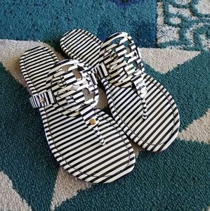 SOLD{Tory Burch} Navy Stripe Patent Millers